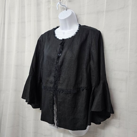 Chico's Black Linen Jacket Fringed Boho Minimalist Bell Sleeves 1 (M) - Picture 6 of 13